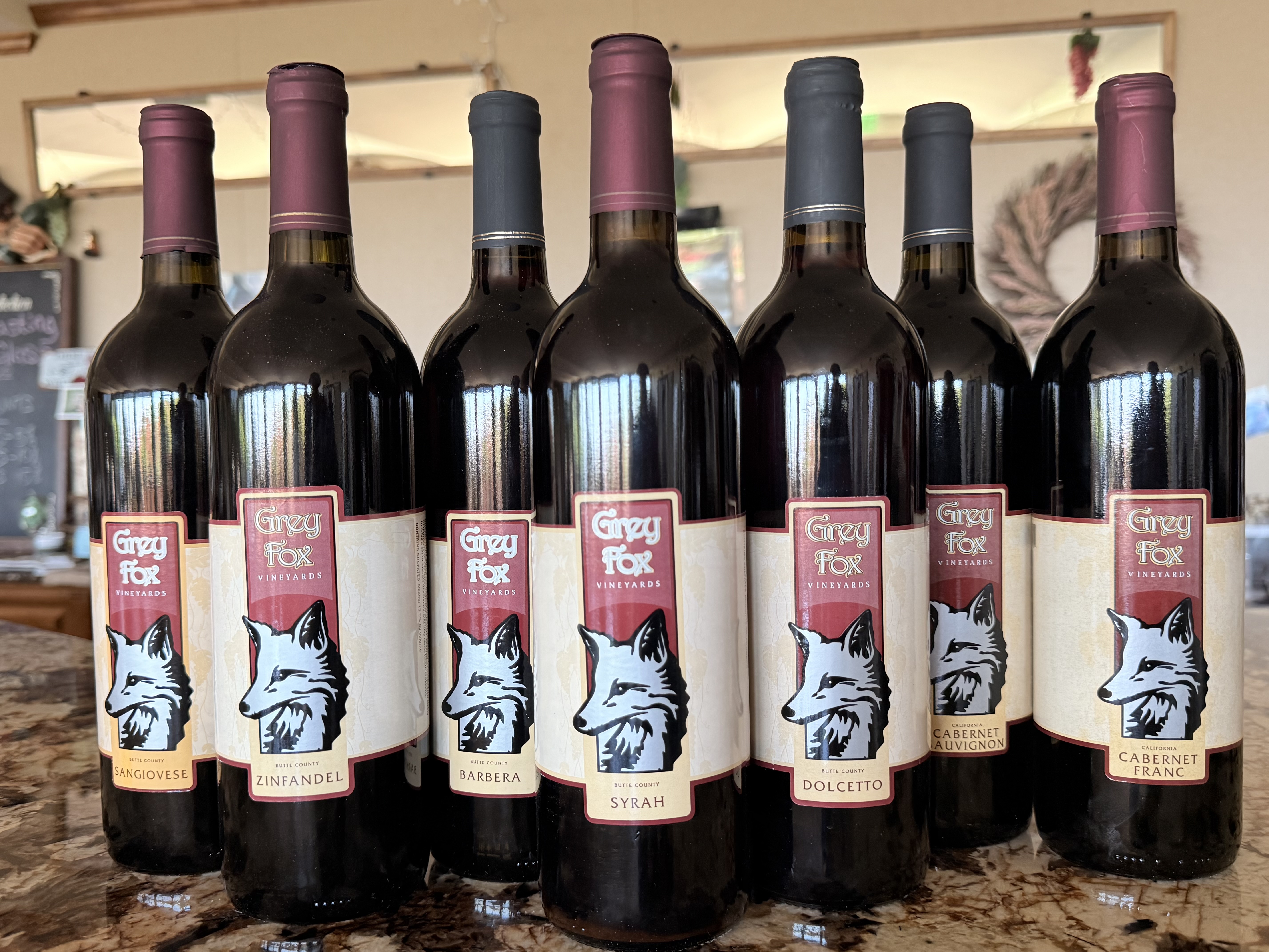 Grey Fox red wine bottles