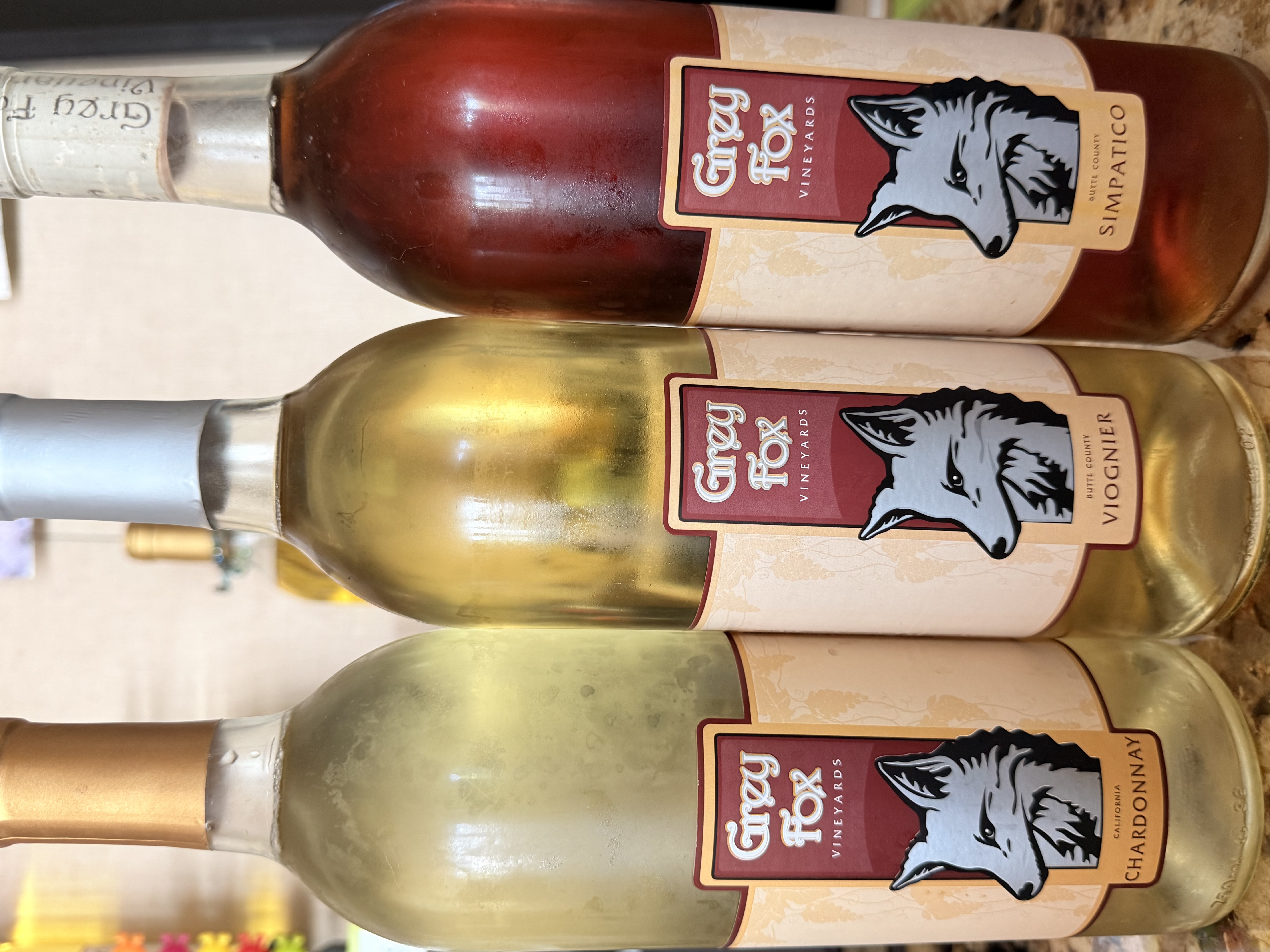 Grey Fox white wine bottles