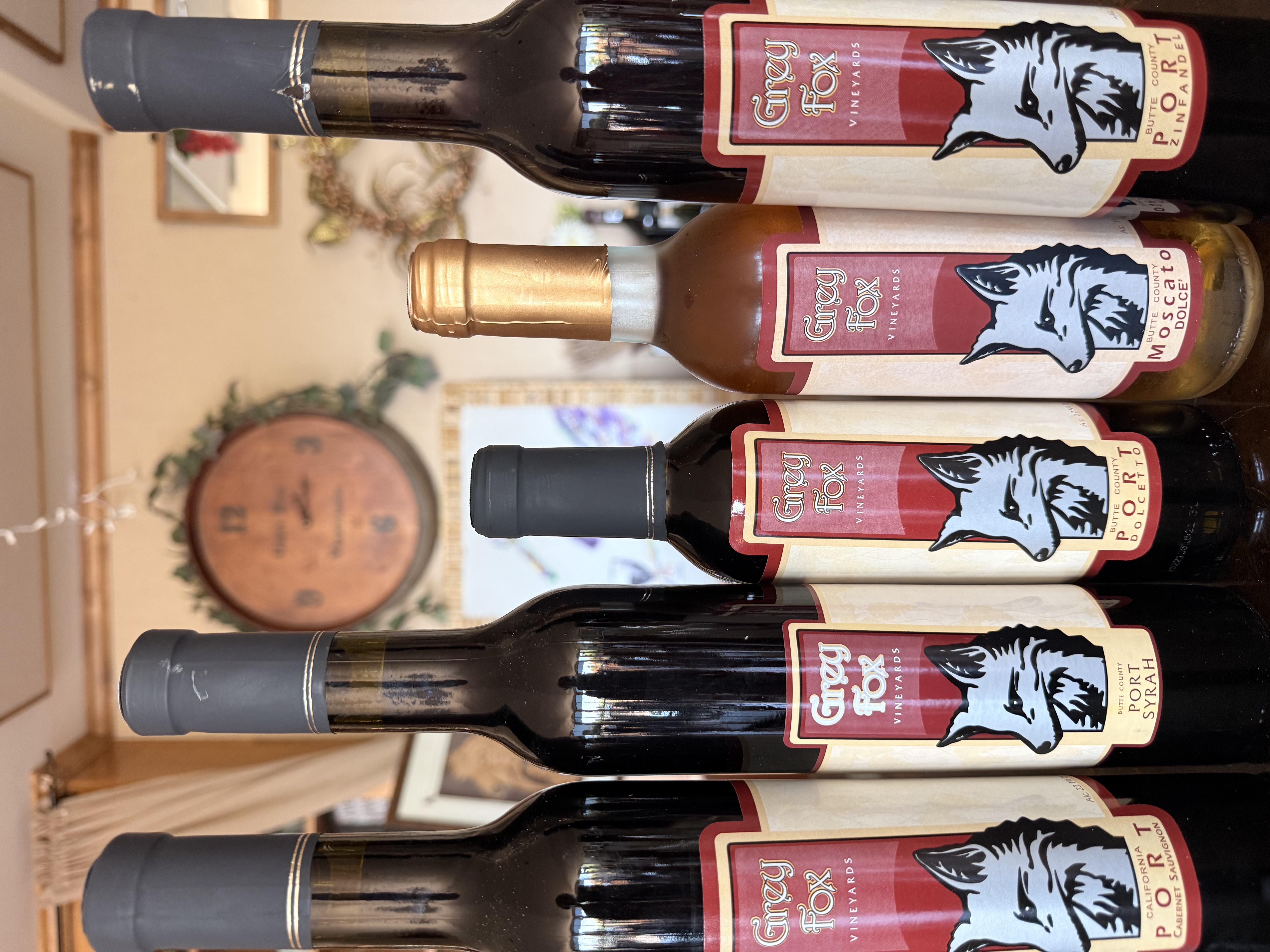 Grey Fox port wine bottles